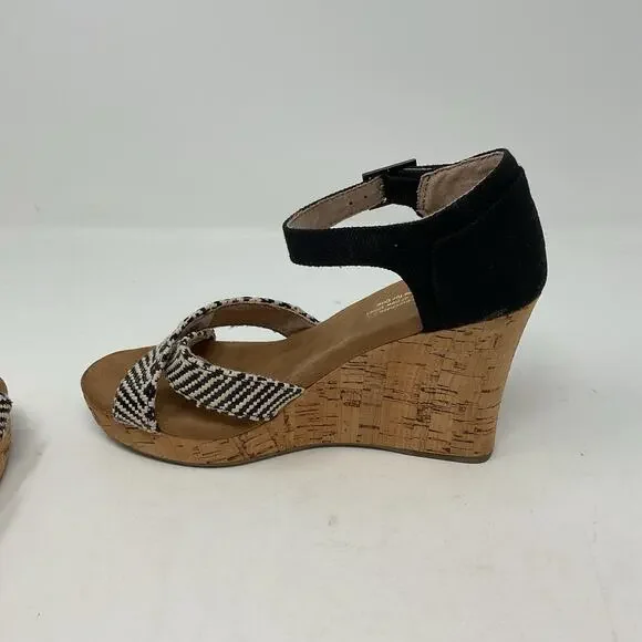 Toms Sienna Wedge Sandal Womens 7.5 Black Strappy Ankle Strap Cork Platform - Picture 9 of 13